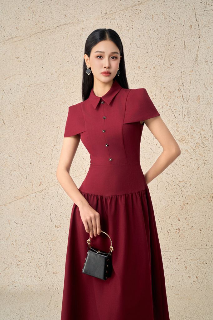 FDC15273 - Đầm công sở vải thô đũi dáng A cổ đức eo phối cạp bản to xếp nhún tạo kiểu khoá thân sau - PANTIO