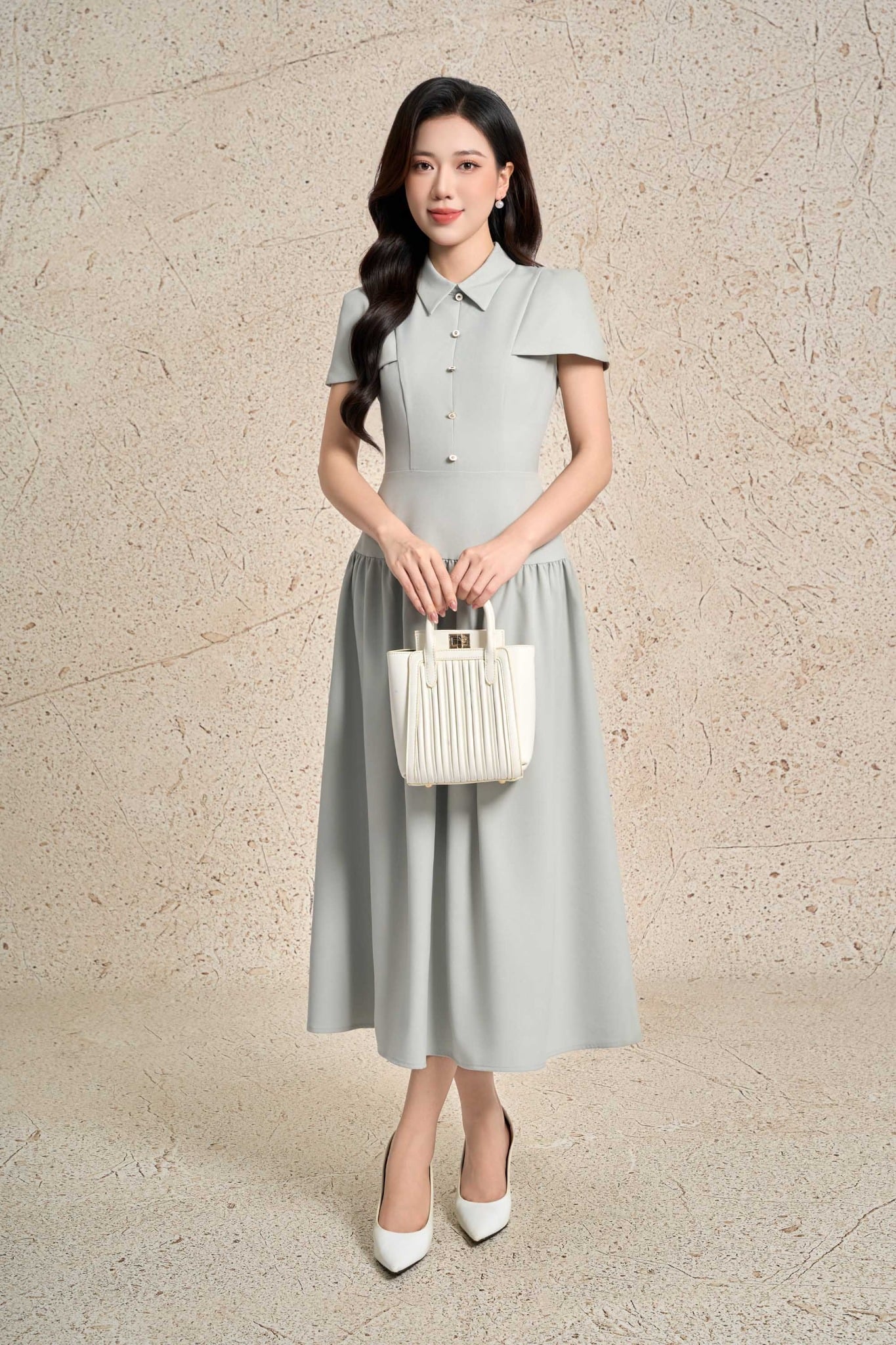 FDC15273 - Đầm công sở vải thô đũi dáng A cổ đức eo phối cạp bản to xếp nhún tạo kiểu khoá thân sau - PANTIO