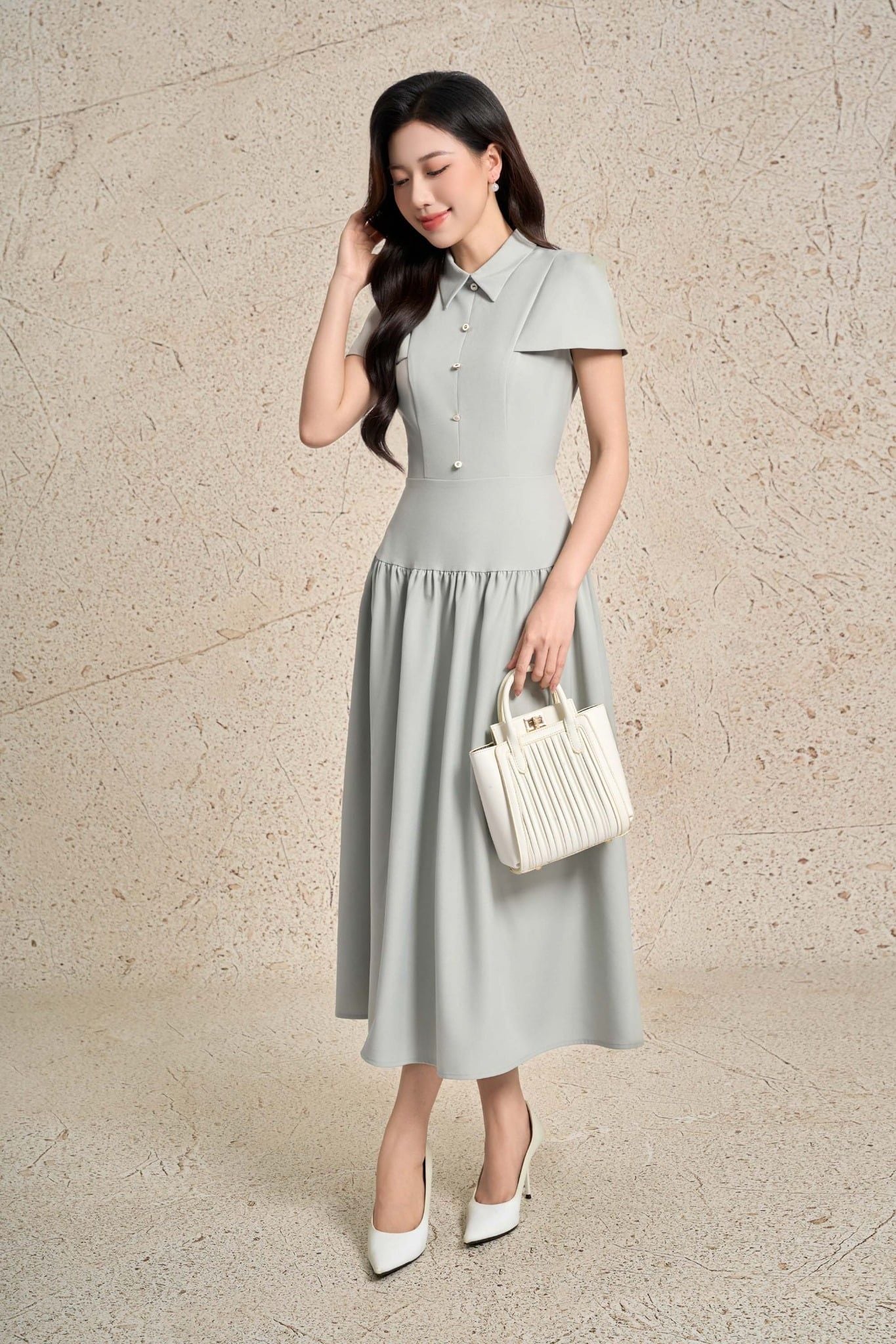 FDC15273 - Đầm công sở vải thô đũi dáng A cổ đức eo phối cạp bản to xếp nhún tạo kiểu khoá thân sau - PANTIO