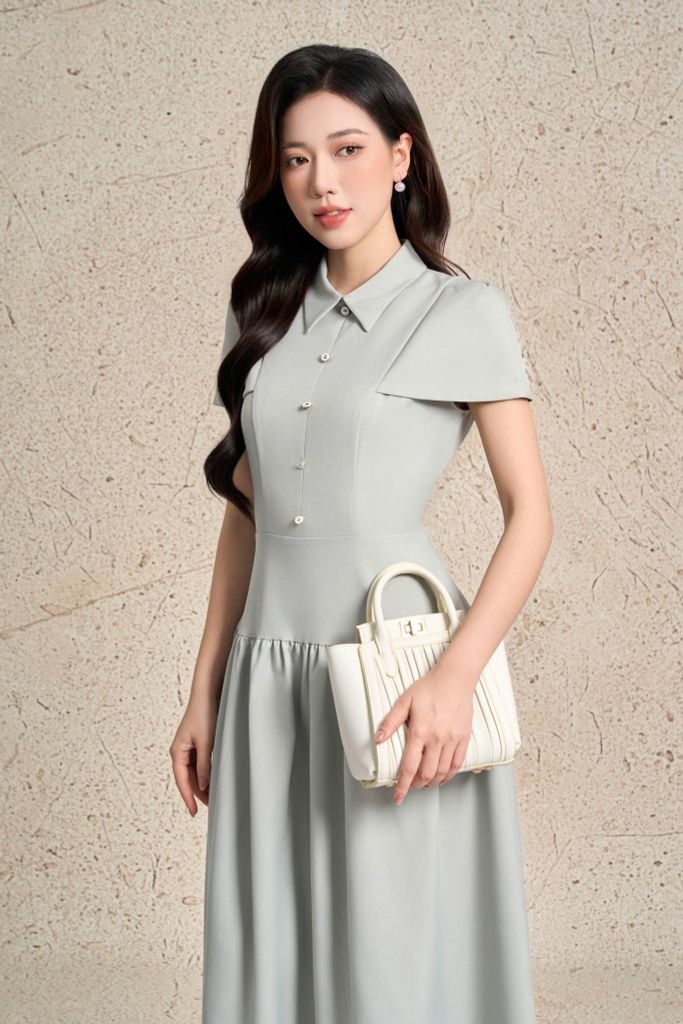 FDC15273 - Đầm công sở vải thô đũi dáng A cổ đức eo phối cạp bản to xếp nhún tạo kiểu khoá thân sau - PANTIO