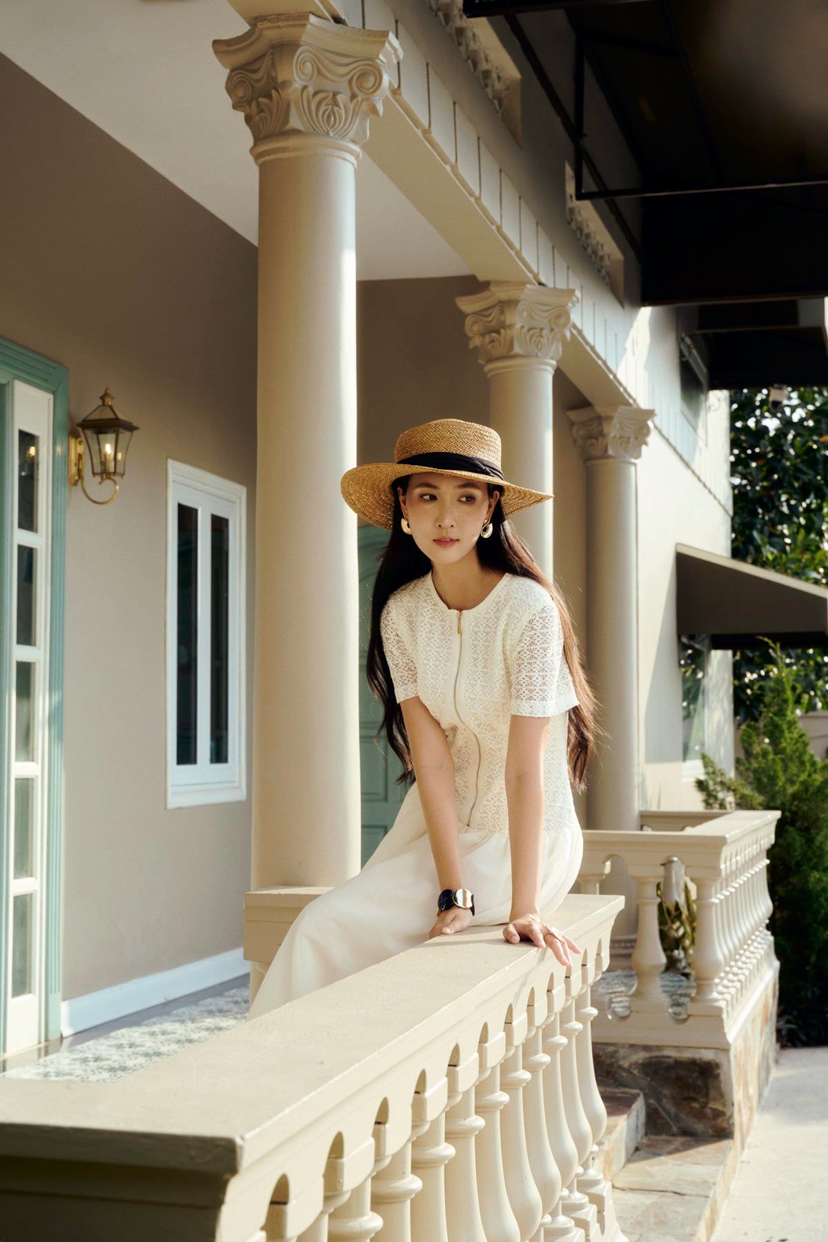 FDC15438 - Đầm công sở vải ren lưới dáng xoè cổ tròn tay dài thân váy phối khoá tạo kiểu - PANTIO