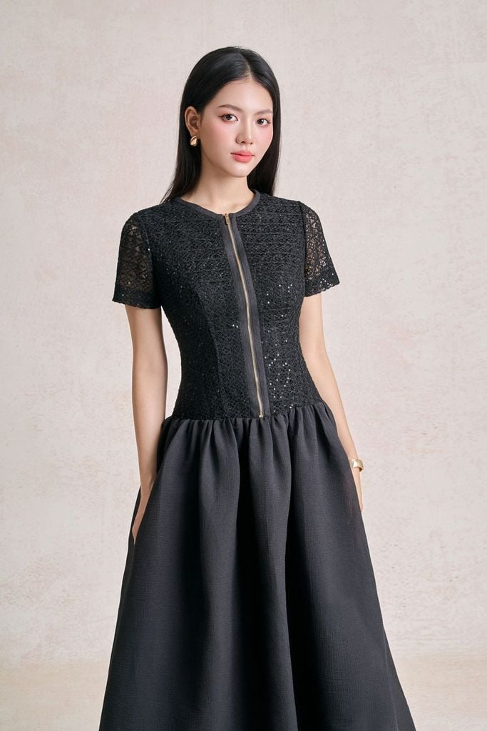 FDC15438 - tỷ lệ kèo 8899 vải ren lưới dáng xoè cổ tròn tay dài thân váy phối khoá tạo kiểu - tỷ lệ kèo 8899