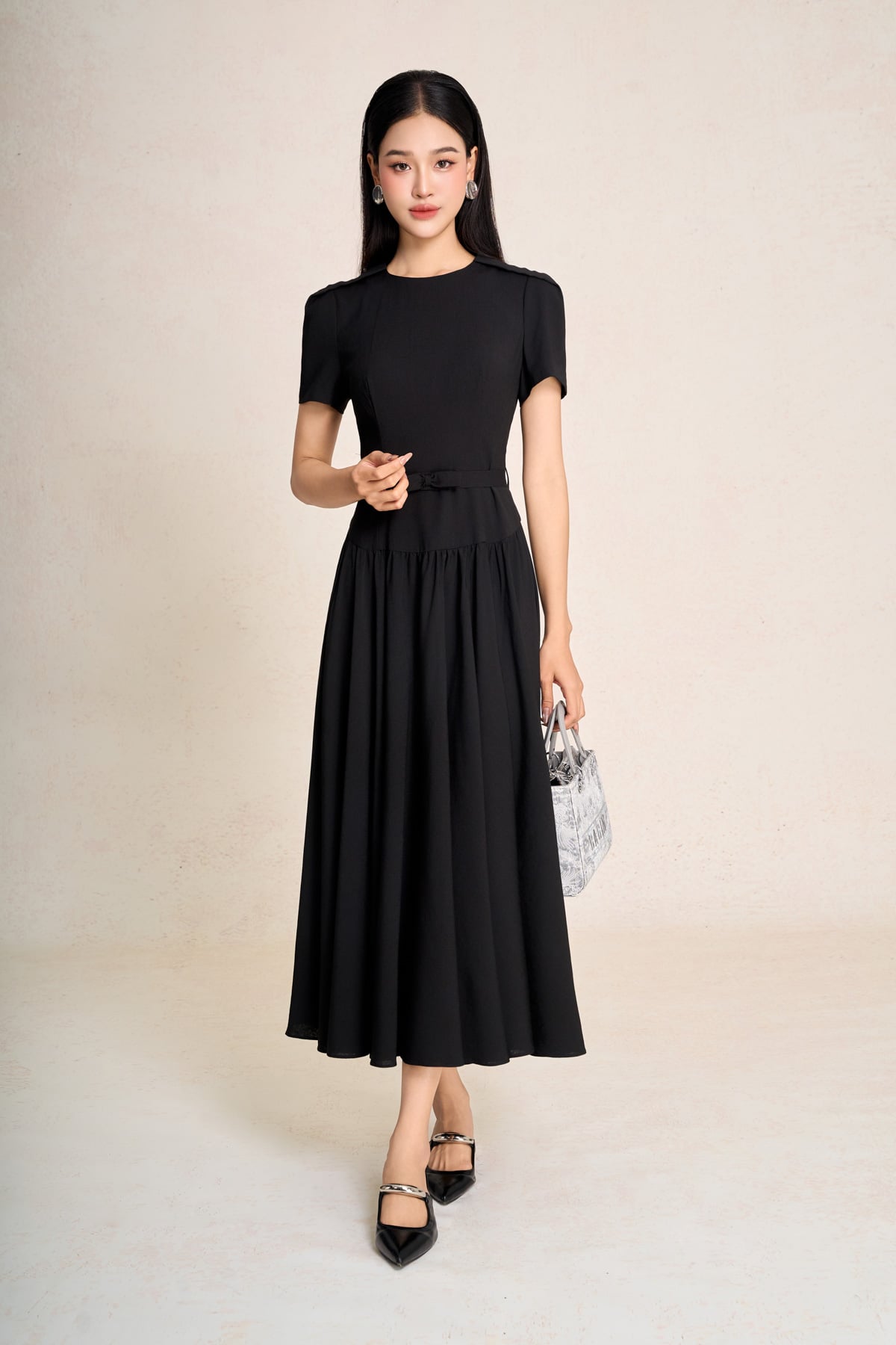 FDC15439- Đầm công sở vải thô đũi dáng chữ A cổ tròn tay cộc eo có dây đai tạo kiểu thân váy xếp nhún tạo xoè khóa thân sau - PANTIO