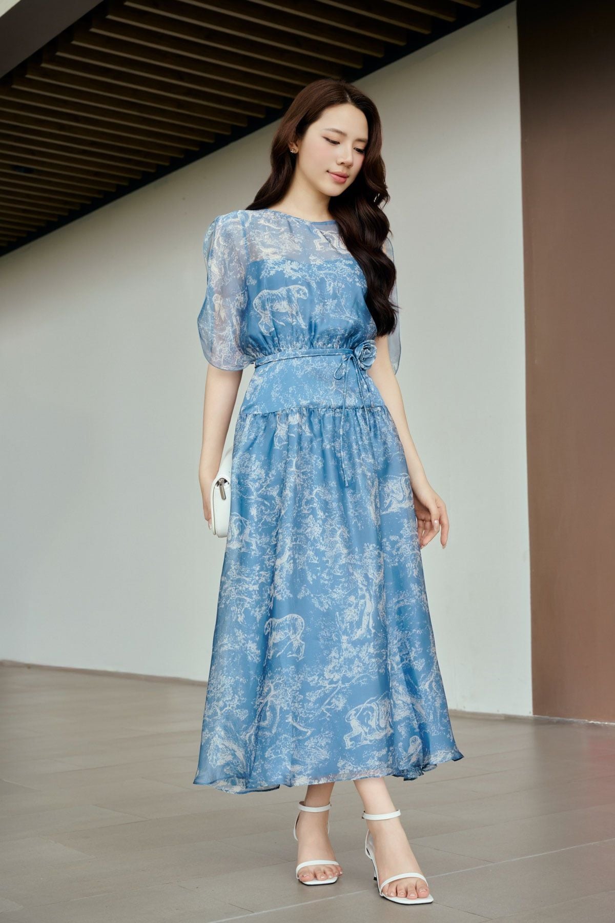 FDC15442 - Đầm công sở vải tơ dáng xòe cổ tròn tay cánh tiên xẻ tạo kiểu eo váy phối cạp bản to kèm dây đai thời trang - PANTIO