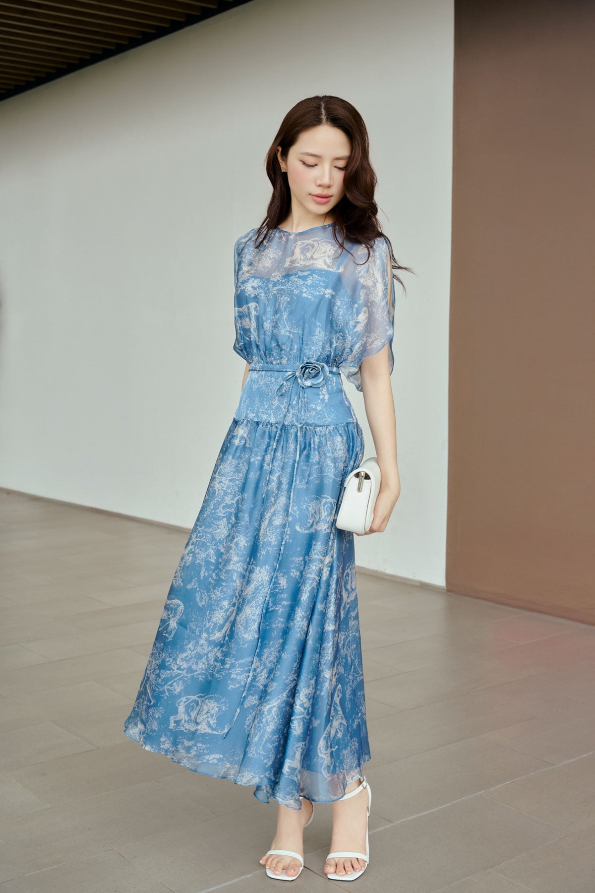 FDC15442 - Đầm công sở vải tơ dáng xòe cổ tròn tay cánh tiên xẻ tạo kiểu eo váy phối cạp bản to kèm dây đai thời trang - PANTIO