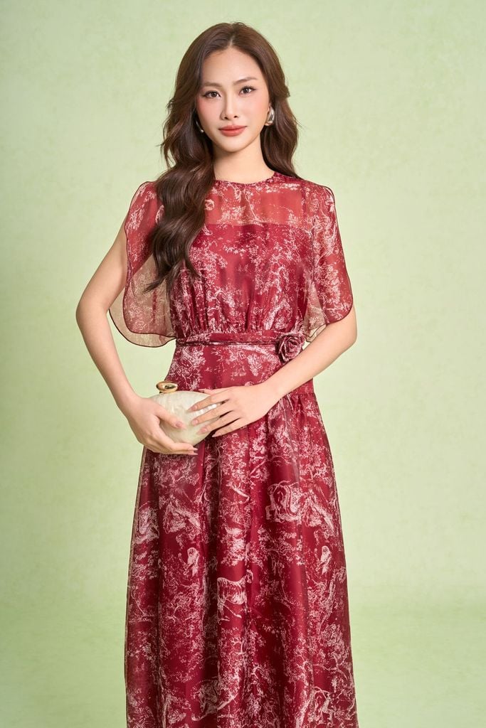 FDC15442 - Đầm công sở vải tơ dáng xòe cổ tròn tay cánh tiên xẻ tạo kiểu eo váy phối cạp bản to kèm dây đai thời trang - PANTIO