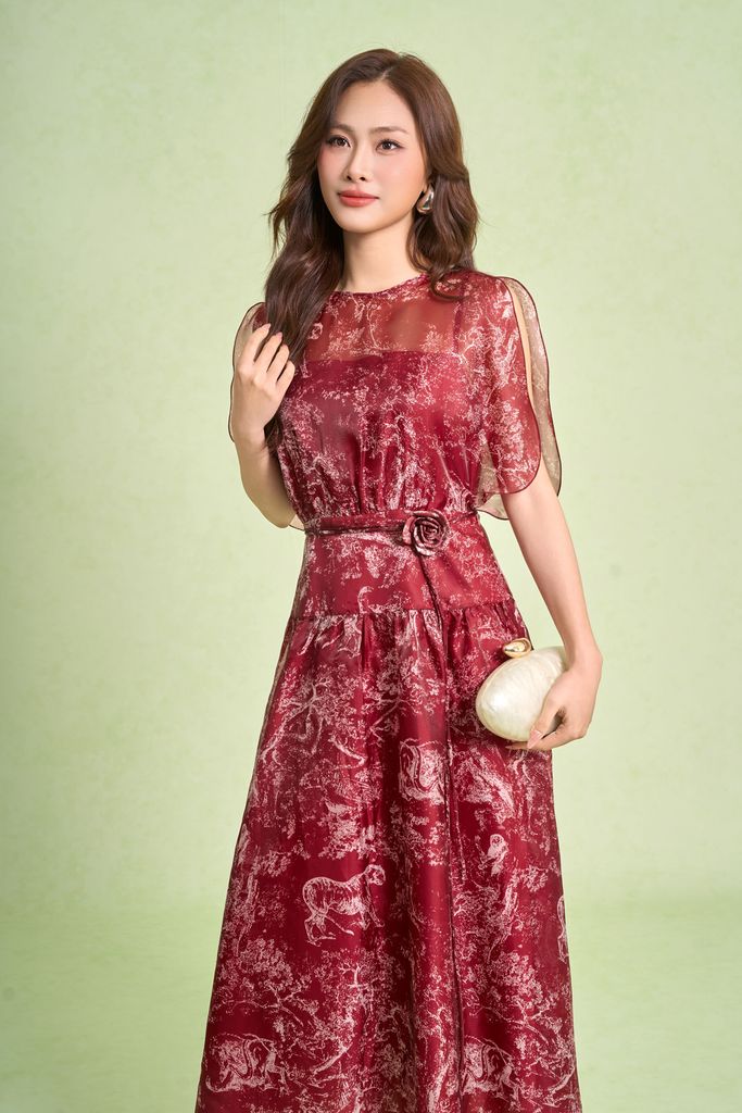 FDC15442 - Đầm công sở vải tơ dáng xòe cổ tròn tay cánh tiên xẻ tạo kiểu eo váy phối cạp bản to kèm dây đai thời trang - PANTIO