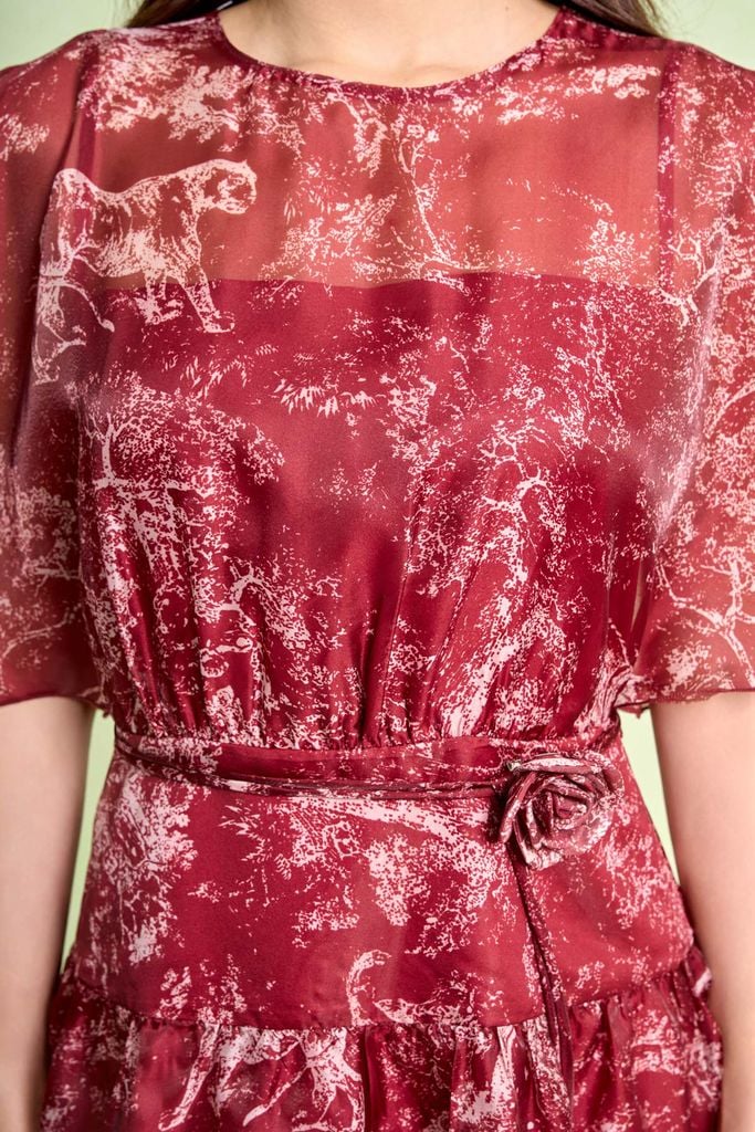 FDC15442 - Đầm công sở vải tơ dáng xòe cổ tròn tay cánh tiên xẻ tạo kiểu eo váy phối cạp bản to kèm dây đai thời trang - PANTIO