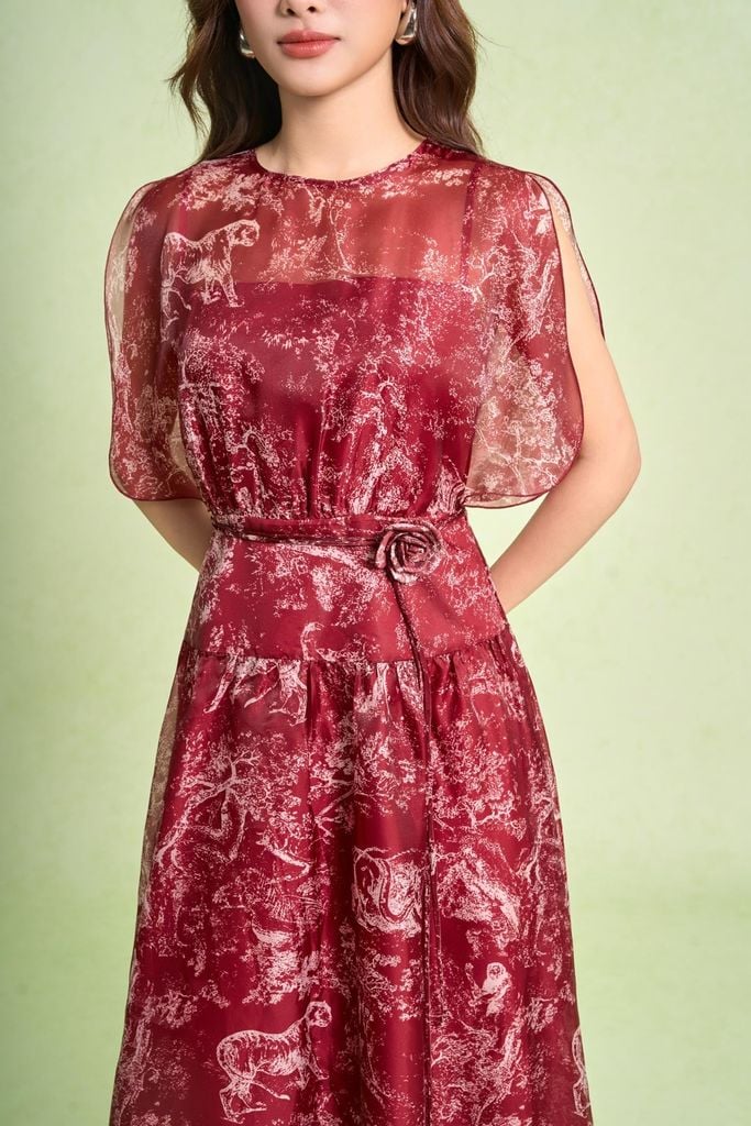 FDC15442 - Đầm công sở vải tơ dáng xòe cổ tròn tay cánh tiên xẻ tạo kiểu eo váy phối cạp bản to kèm dây đai thời trang - PANTIO