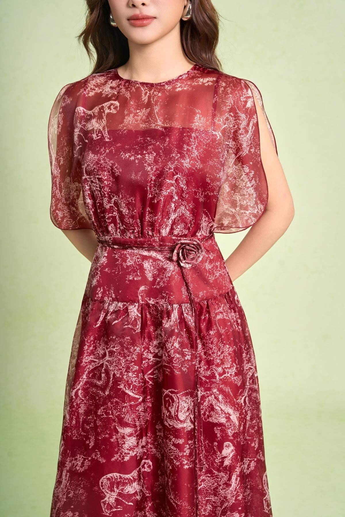 FDC15442 - Đầm công sở vải tơ dáng xòe cổ tròn tay cánh tiên xẻ tạo kiểu eo váy phối cạp bản to kèm dây đai thời trang - PANTIO