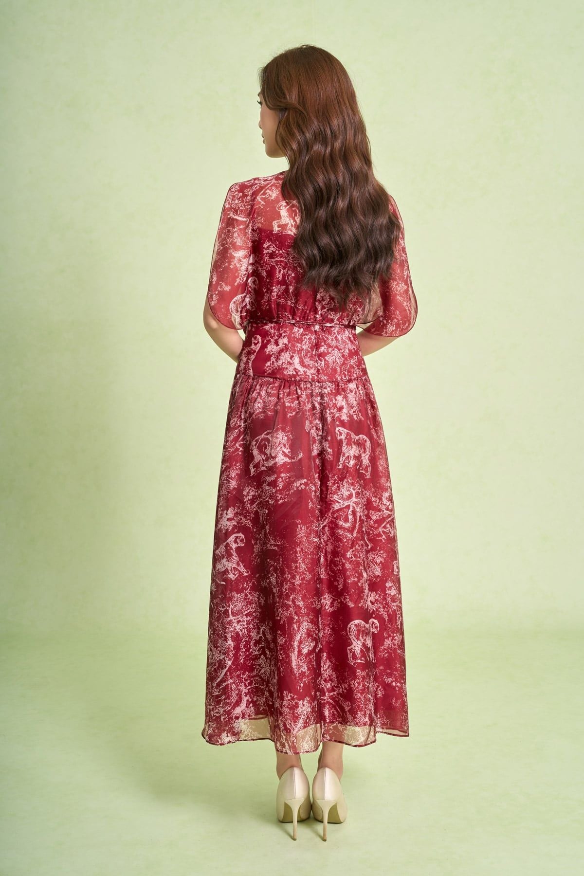 FDC15442 - Đầm công sở vải tơ dáng xòe cổ tròn tay cánh tiên xẻ tạo kiểu eo váy phối cạp bản to kèm dây đai thời trang - PANTIO