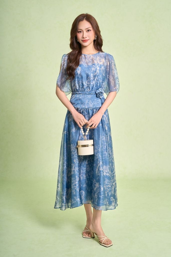 FDC15442 - Đầm công sở vải tơ dáng xòe cổ tròn tay cánh tiên xẻ tạo kiểu eo váy phối cạp bản to kèm dây đai thời trang - PANTIO