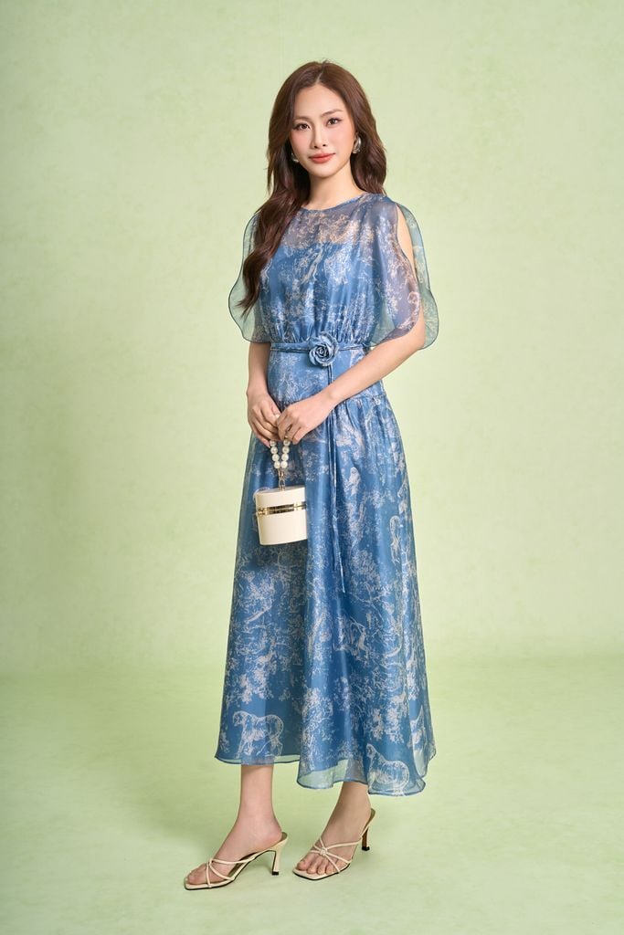 FDC15442 - Đầm công sở vải tơ dáng xòe cổ tròn tay cánh tiên xẻ tạo kiểu eo váy phối cạp bản to kèm dây đai thời trang - PANTIO