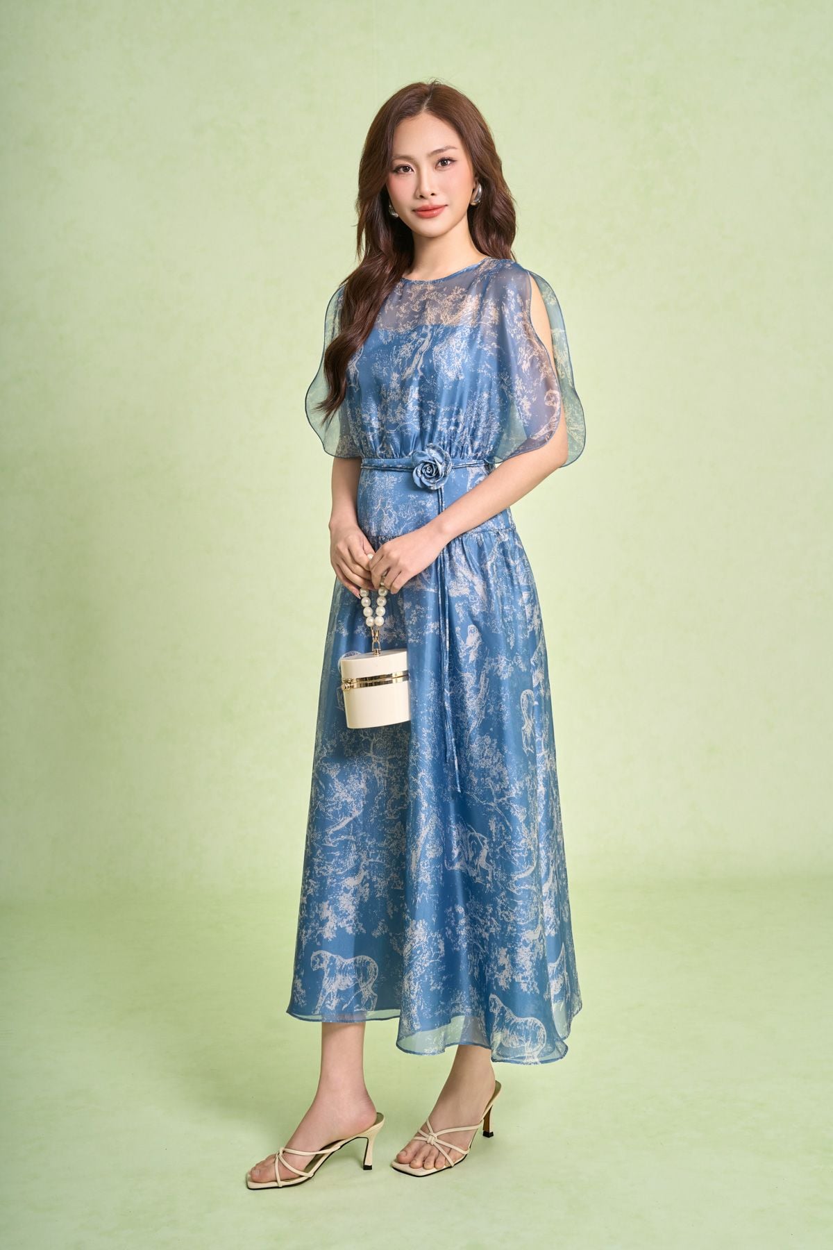 FDC15442 - Đầm công sở vải tơ dáng xòe cổ tròn tay cánh tiên xẻ tạo kiểu eo váy phối cạp bản to kèm dây đai thời trang - PANTIO