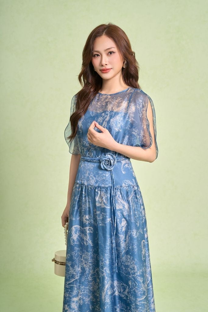 FDC15442 - Đầm công sở vải tơ dáng xòe cổ tròn tay cánh tiên xẻ tạo kiểu eo váy phối cạp bản to kèm dây đai thời trang - PANTIO