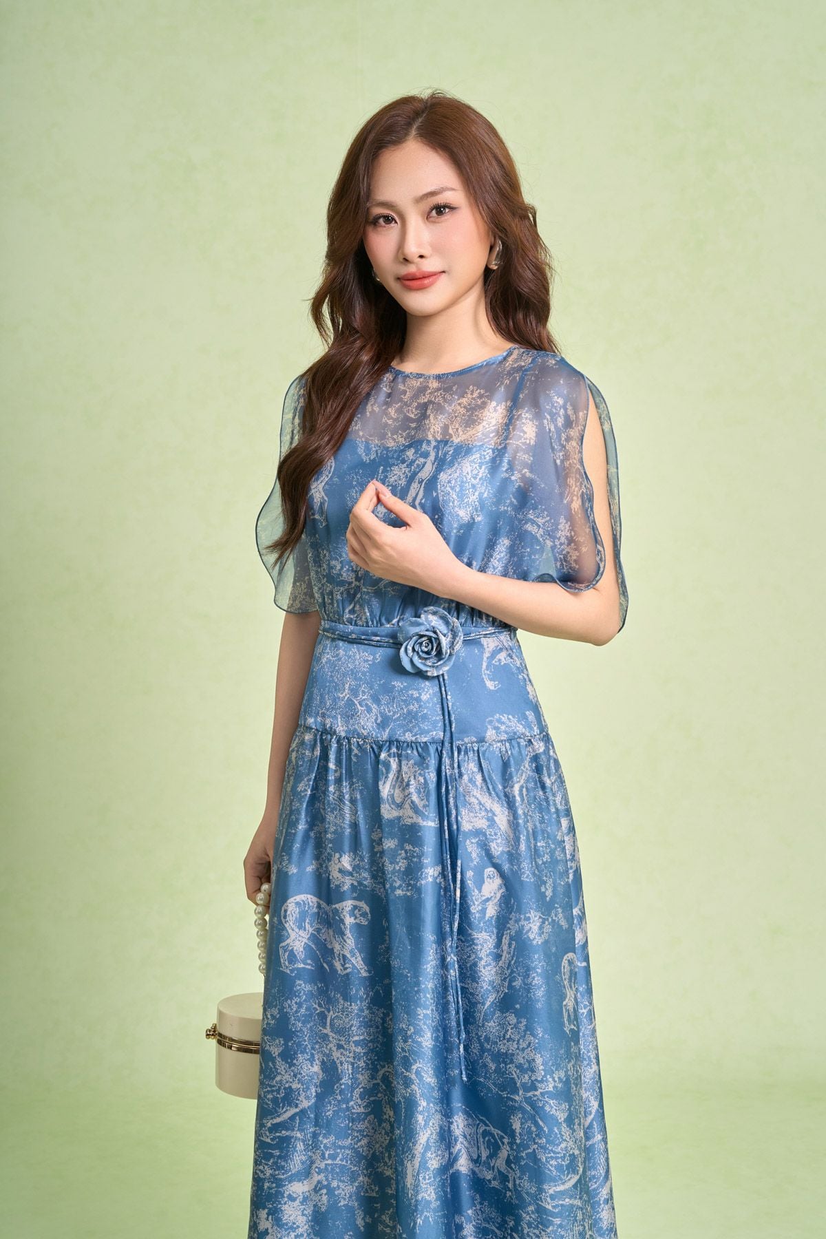 FDC15442 - Đầm công sở vải tơ dáng xòe cổ tròn tay cánh tiên xẻ tạo kiểu eo váy phối cạp bản to kèm dây đai thời trang - PANTIO