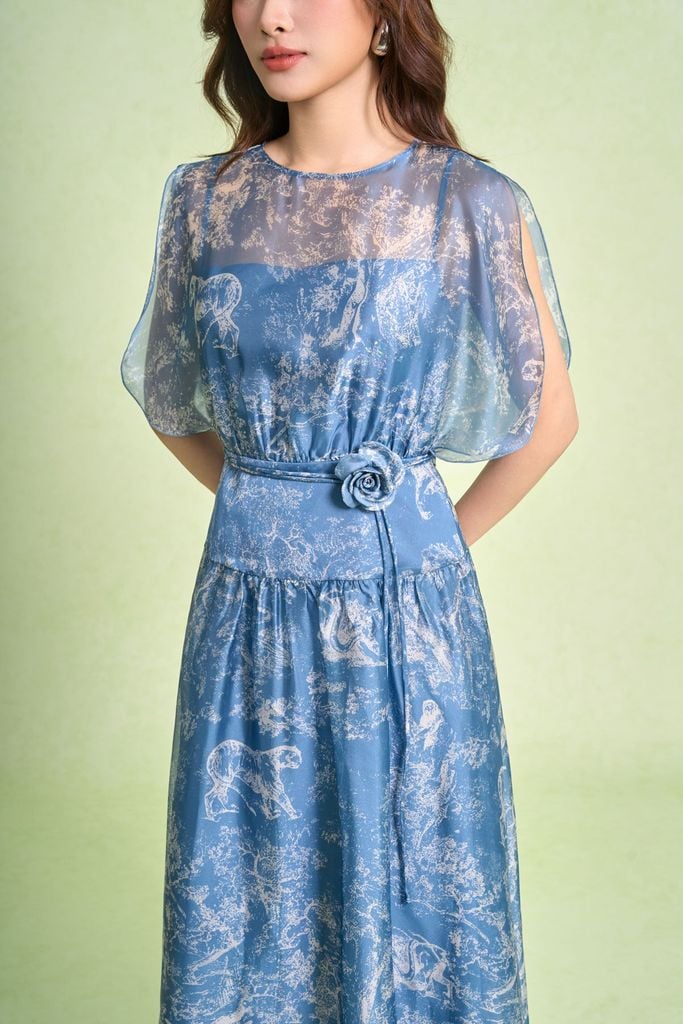 FDC15442 - Đầm công sở vải tơ dáng xòe cổ tròn tay cánh tiên xẻ tạo kiểu eo váy phối cạp bản to kèm dây đai thời trang - PANTIO