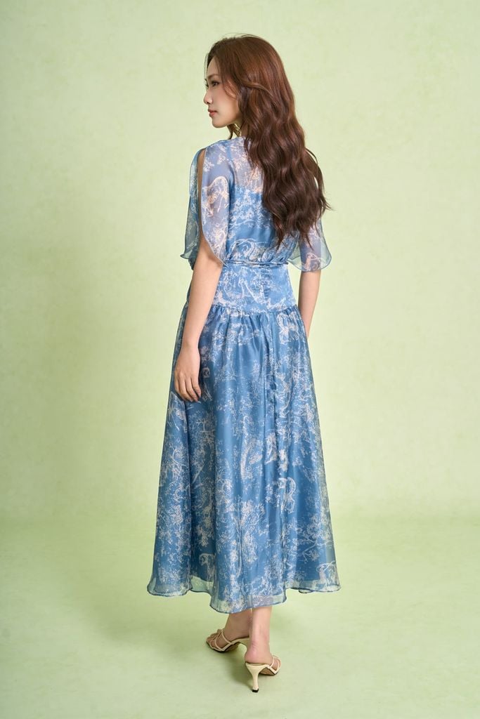 FDC15442 - Đầm công sở vải tơ dáng xòe cổ tròn tay cánh tiên xẻ tạo kiểu eo váy phối cạp bản to kèm dây đai thời trang - PANTIO