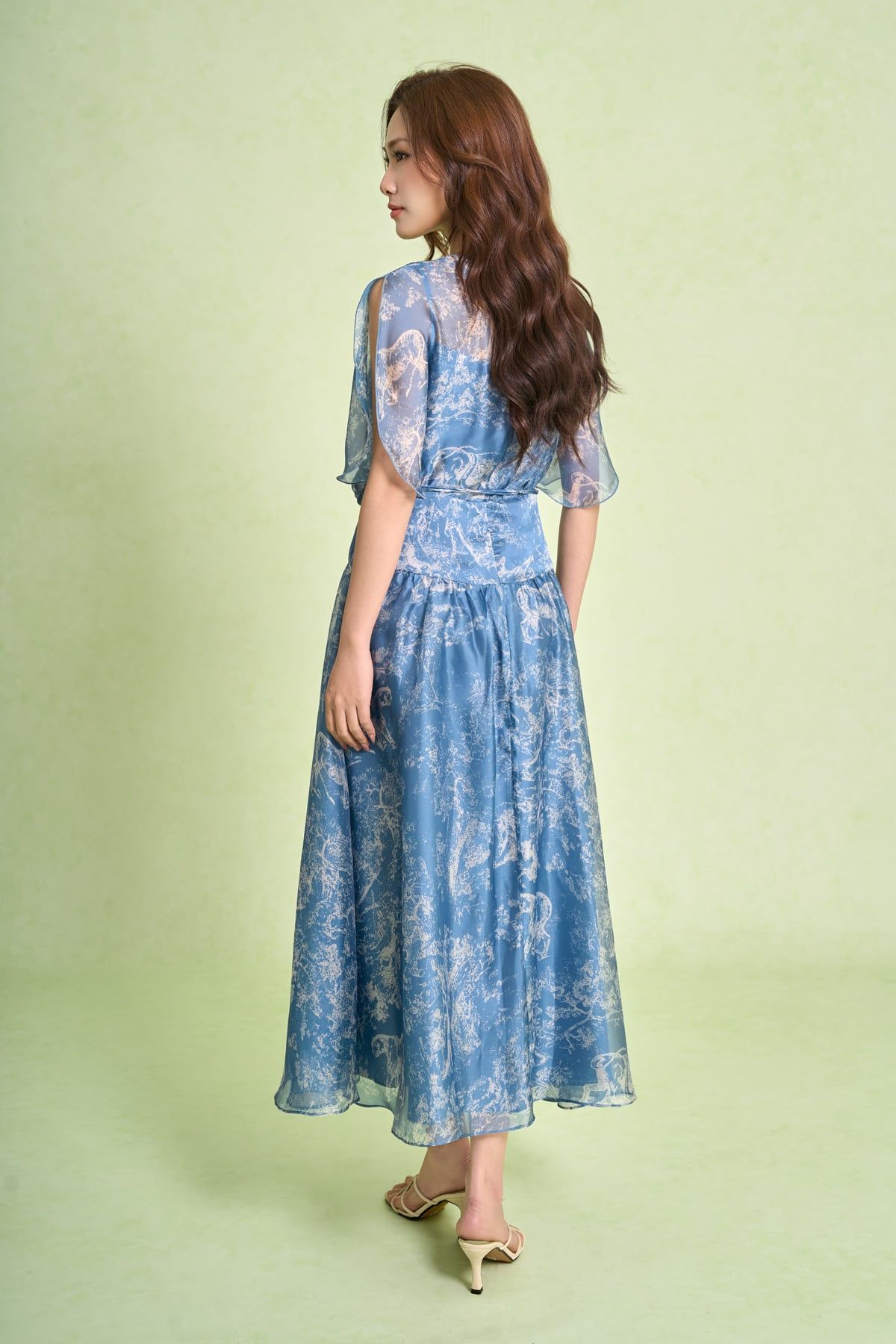 FDC15442 - Đầm công sở vải tơ dáng xòe cổ tròn tay cánh tiên xẻ tạo kiểu eo váy phối cạp bản to kèm dây đai thời trang - PANTIO