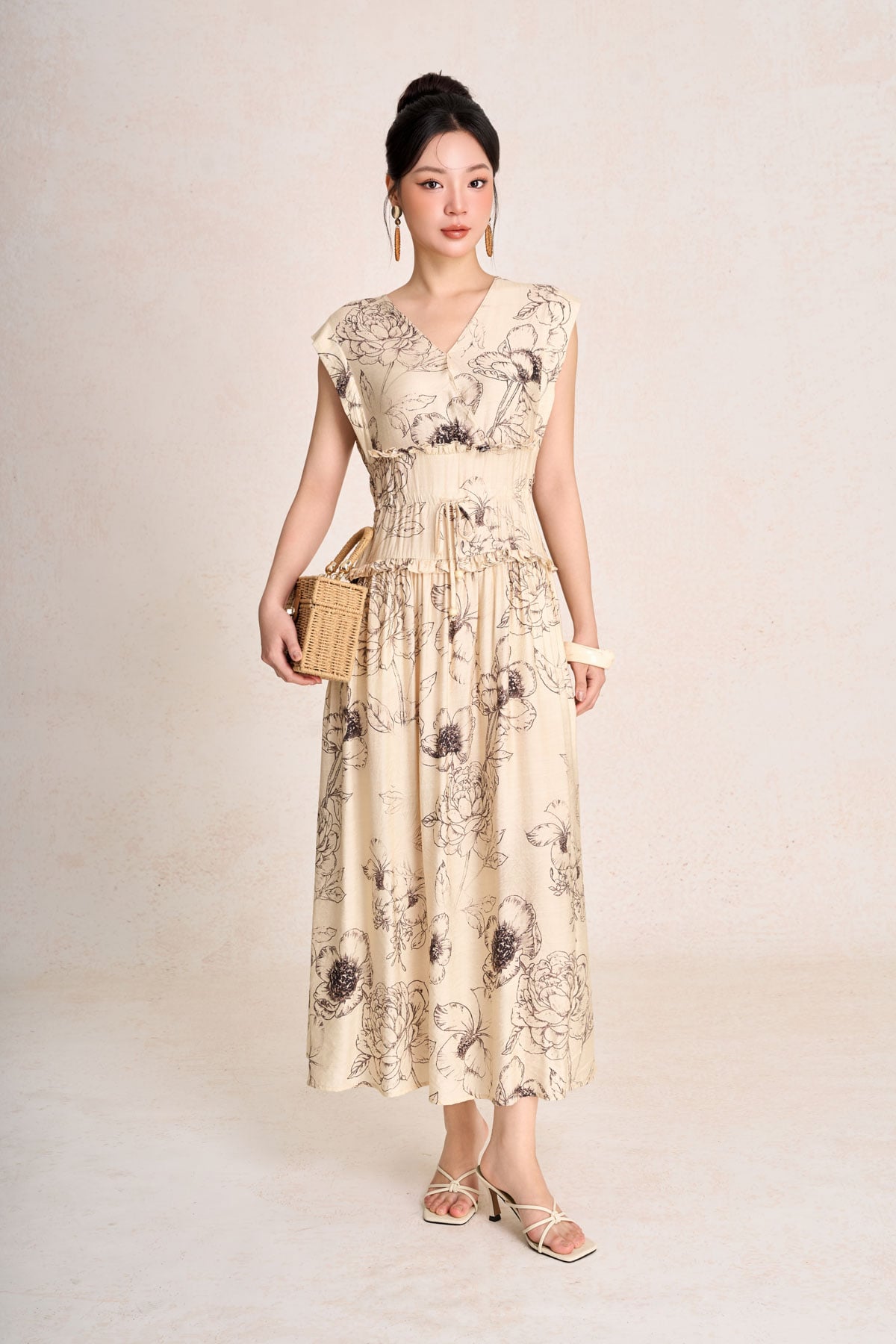 FDC15443 - Đầm công sở vải thô đũi dáng suông cổ xẻ V tay chờm eo đáp cạp bản to thời trang - PANTIO