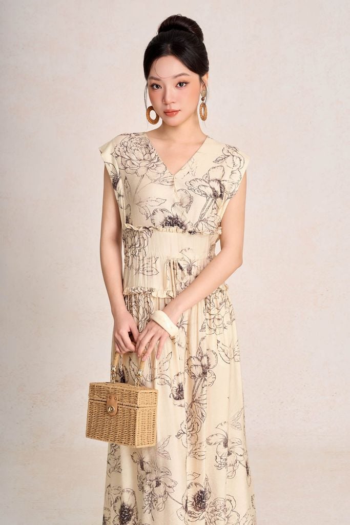 FDC15443 - Đầm công sở vải thô đũi dáng suông cổ xẻ V tay chờm eo đáp cạp bản to thời trang - PANTIO