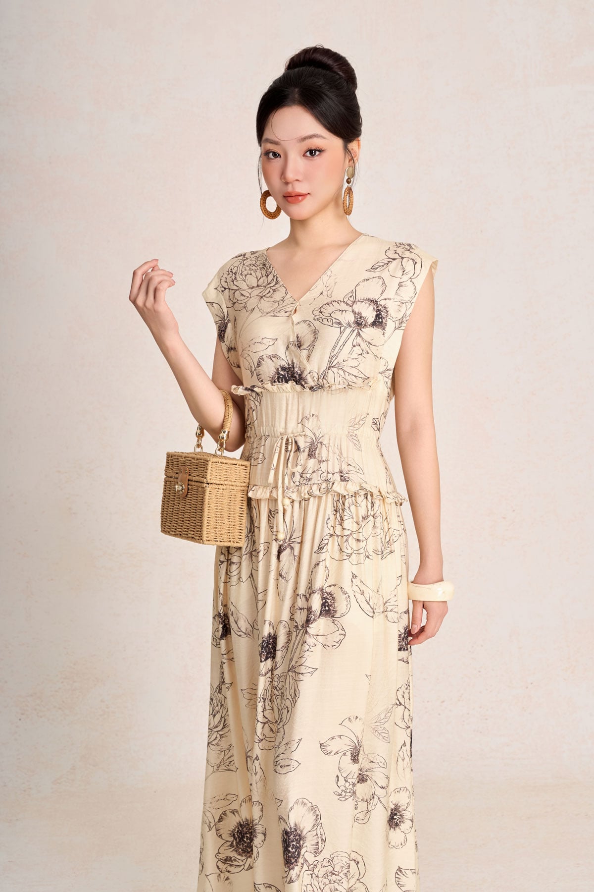 FDC15443 - Đầm công sở vải thô đũi dáng suông cổ xẻ V tay chờm eo đáp cạp bản to thời trang - PANTIO