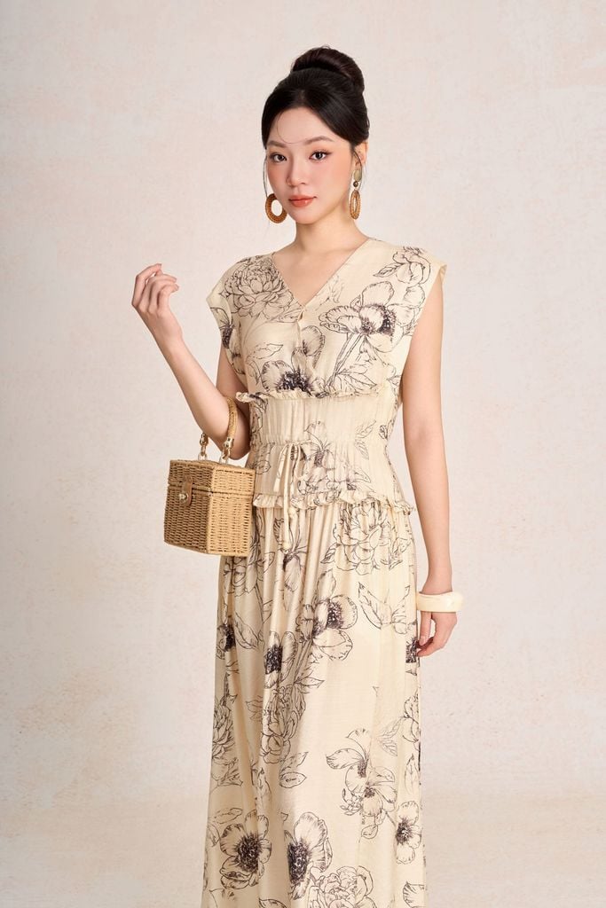 FDC15443 - Đầm công sở vải thô đũi dáng suông cổ xẻ V tay chờm eo đáp cạp bản to thời trang - PANTIO