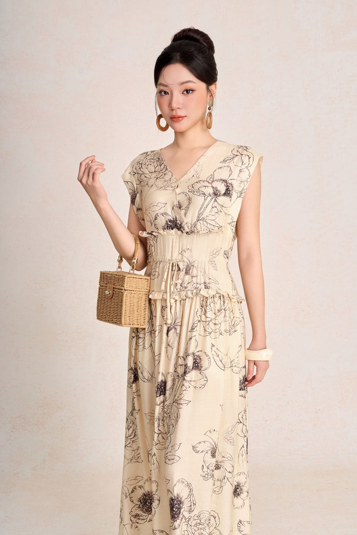 FDC15443 - Đầm công sở vải thô đũi dáng suông cổ xẻ V tay chờm eo đáp cạp bản to thời trang - PANTIO