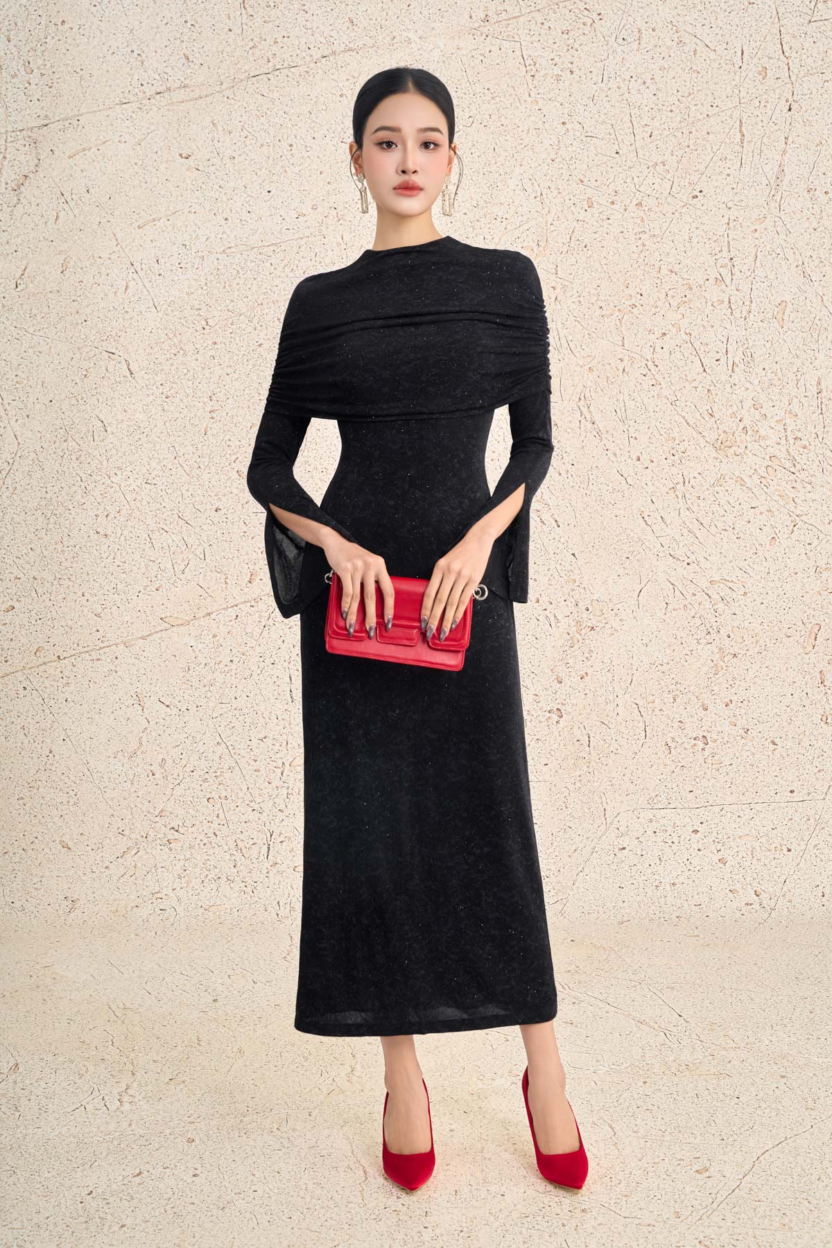 FDC15445 - Đầm công sở vải len dáng ôm cổ tròn ống tay xẻ tà cách điệu khoá thân sau - PANTIO