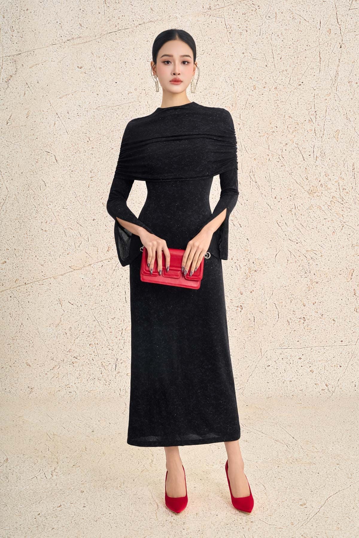 FDC15445 - Đầm công sở vải len dáng ôm cổ tròn ống tay xẻ tà cách điệu khoá thân sau - PANTIO