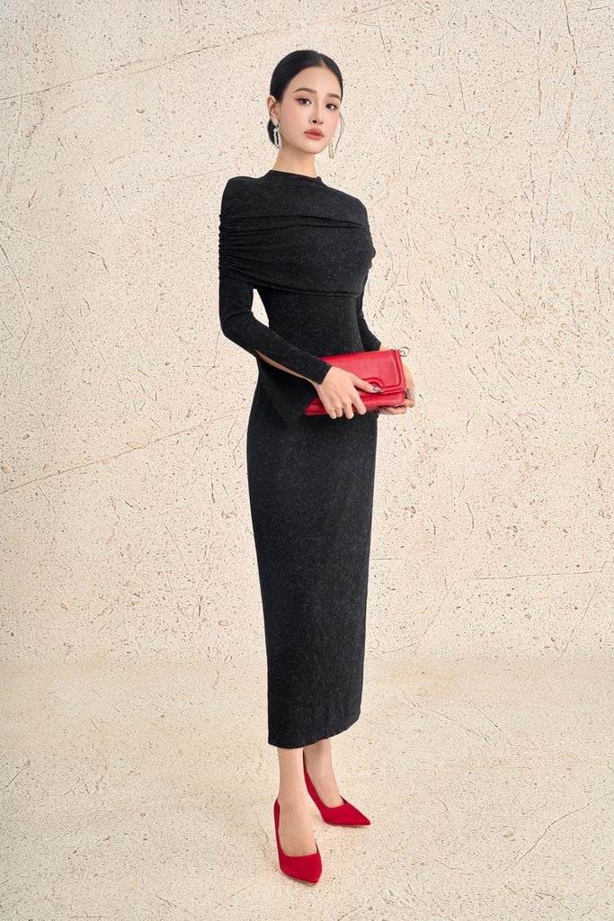 FDC15445 - Đầm công sở vải len dáng ôm cổ tròn ống tay xẻ tà cách điệu khoá thân sau - PANTIO