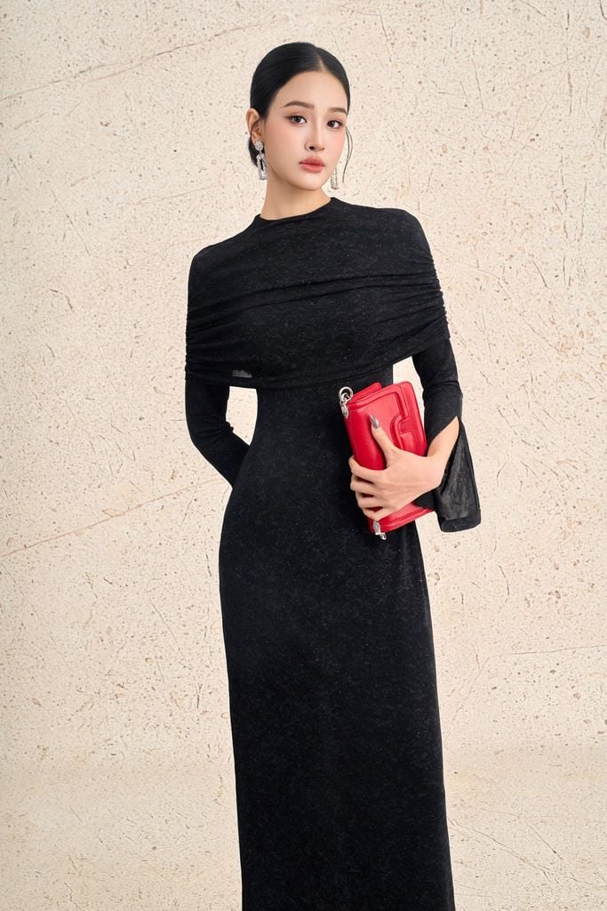 FDC15445 - Đầm công sở vải len dáng ôm cổ tròn ống tay xẻ tà cách điệu khoá thân sau - PANTIO