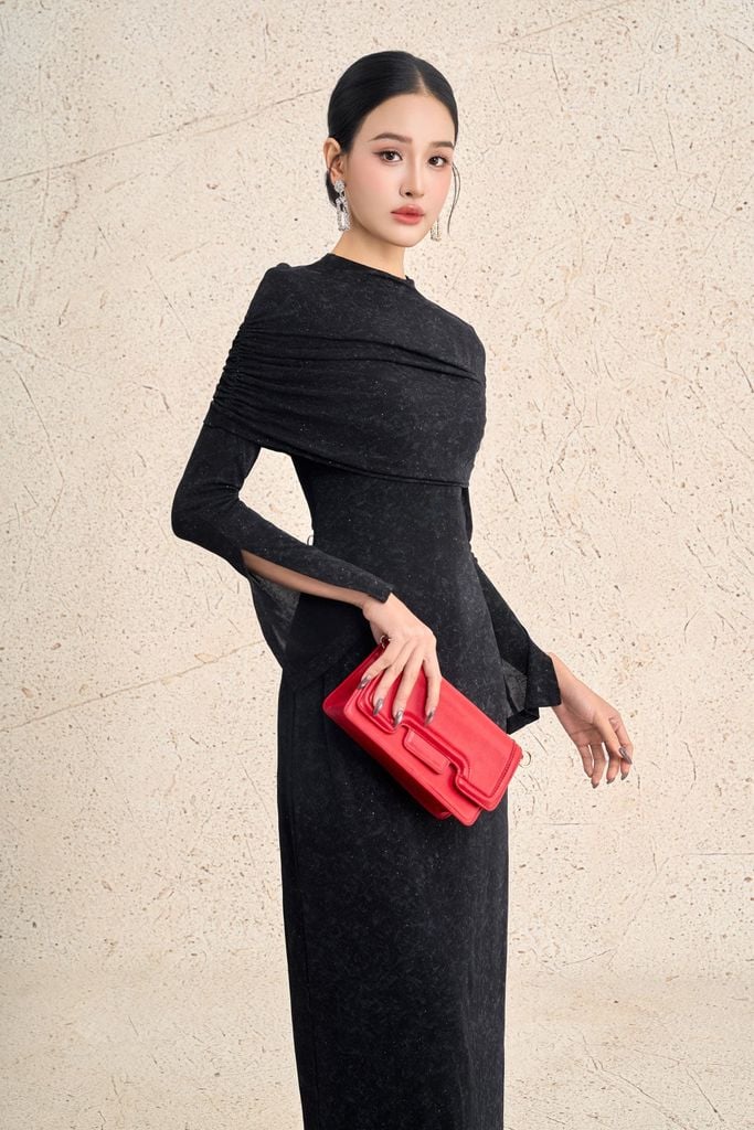 FDC15445 - Đầm công sở vải len dáng ôm cổ tròn ống tay xẻ tà cách điệu khoá thân sau - PANTIO