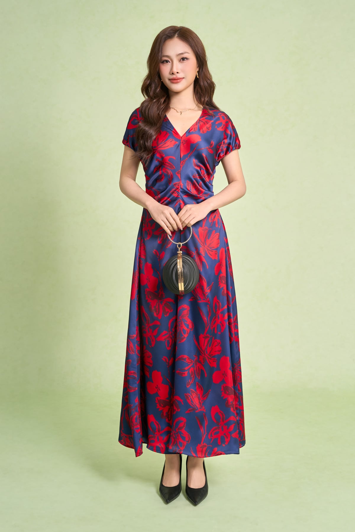 FDC15468 - Đầm công sở vải lụa bóng dáng ôm cổ xẻ V tay chờm lưng váy phối dây thắt nơ tạo kiểu - PANTIO