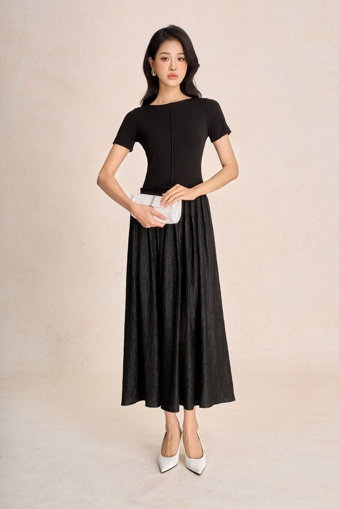 FDC15478 - Đầm công sở vải tơ nhăn dáng A cổ tròn tay ngắn thân váy xếp nhún tạo xoè thời trang - PANTIO
