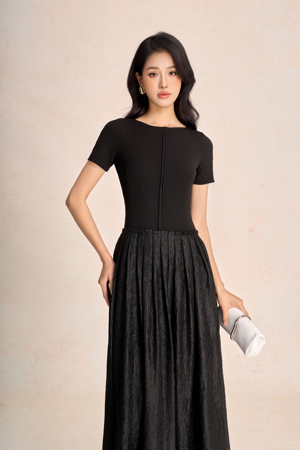 FDC15478 - Đầm công sở vải tơ nhăn dáng A cổ tròn tay ngắn thân váy xếp nhún tạo xoè thời trang - PANTIO