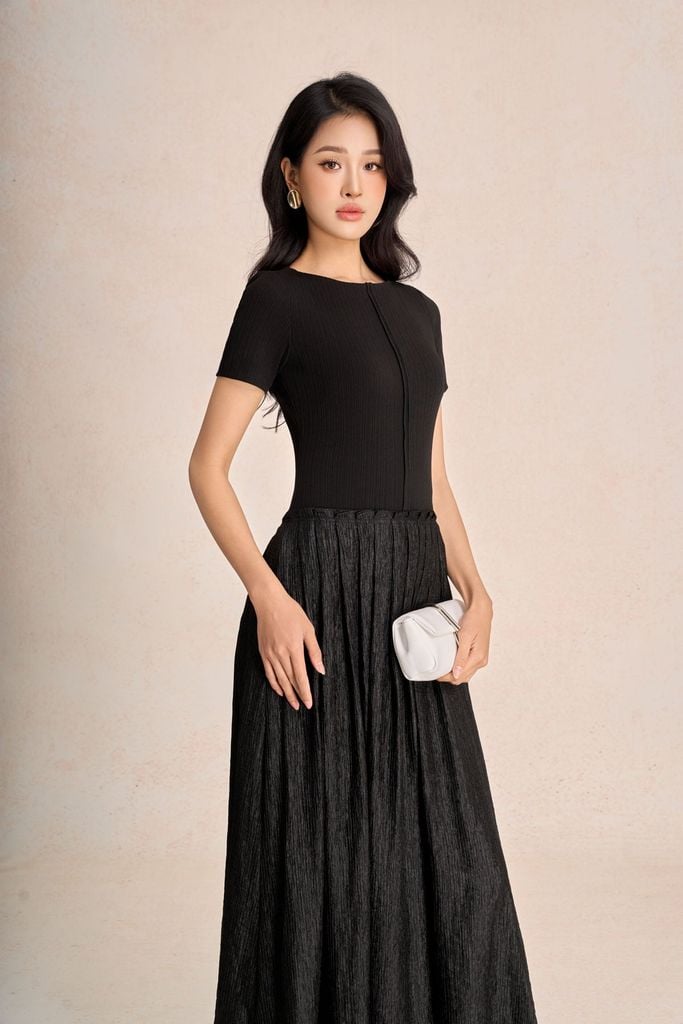 FDC15478 - Đầm công sở vải tơ nhăn dáng A cổ tròn tay ngắn thân váy xếp nhún tạo xoè thời trang - PANTIO
