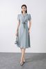 FDC33433 - Đầm công sở vải linen dáng xòe thân sơ mi buộc nơ cổ hai ve tay bồng - PANTIO