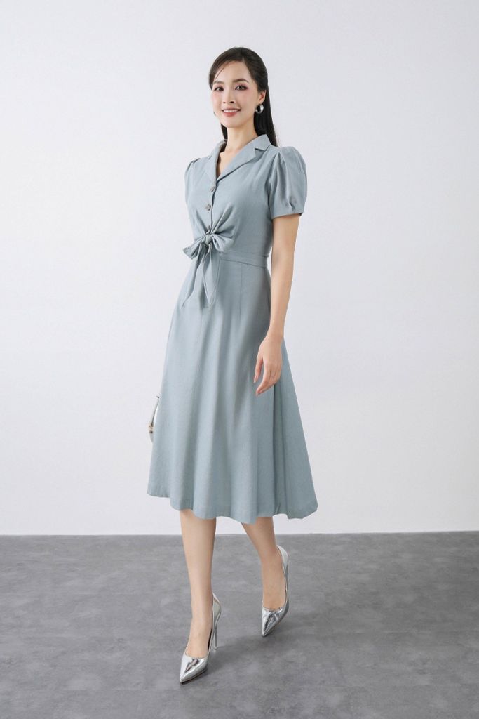 FDC33433 - Đầm công sở vải linen dáng xòe thân sơ mi buộc nơ cổ hai ve tay bồng - PANTIO
