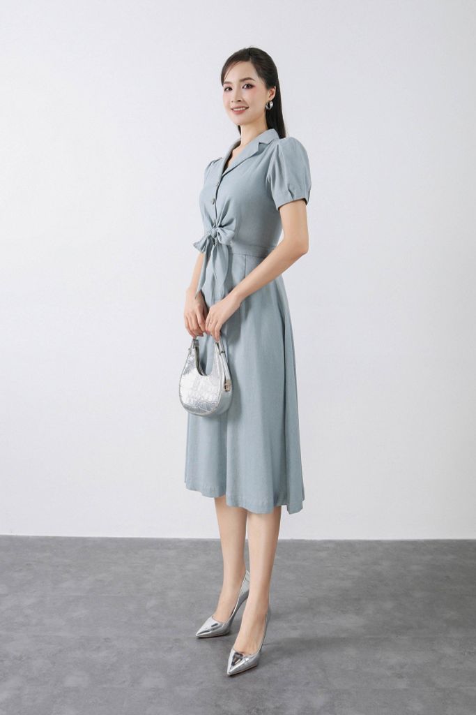 FDC33433 - Đầm công sở vải linen dáng xòe thân sơ mi buộc nơ cổ hai ve tay bồng - PANTIO