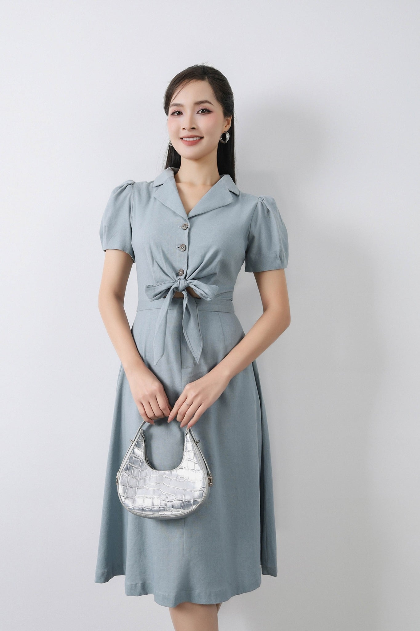 FDC33433 - tỷ lệ kèo 8899 vải linen dáng xòe thân sơ mi buộc nơ cổ hai ve tay bồng - tỷ lệ kèo 8899
