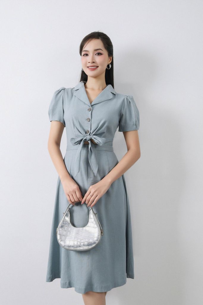 FDC33433 - Đầm công sở vải linen dáng xòe thân sơ mi buộc nơ cổ hai ve tay bồng - PANTIO