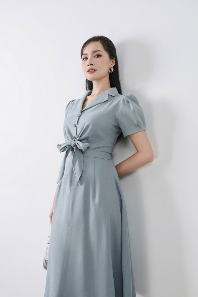 FDC33433 - Đầm công sở vải linen dáng xòe thân sơ mi buộc nơ cổ hai ve tay bồng - PANTIO