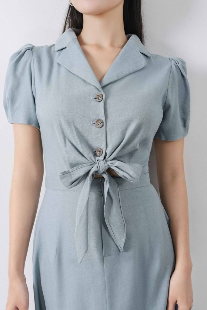 FDC33433 - Đầm công sở vải linen dáng xòe thân sơ mi buộc nơ cổ hai ve tay bồng - PANTIO