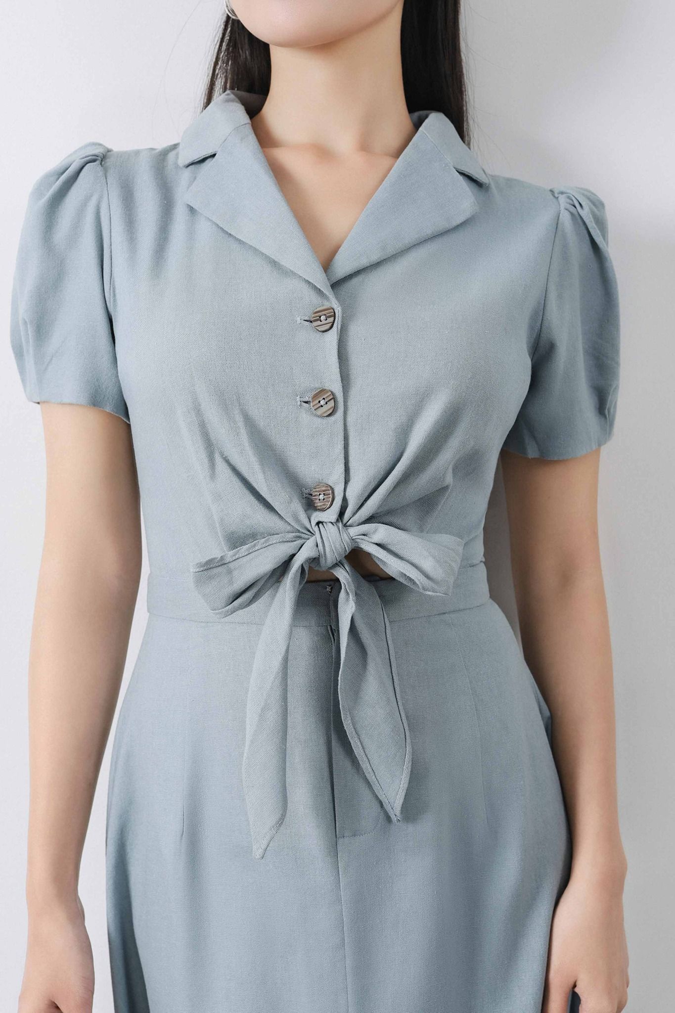 FDC33433 - Đầm công sở vải linen dáng xòe thân sơ mi buộc nơ cổ hai ve tay bồng - PANTIO