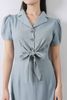 FDC33433 - Đầm công sở vải linen dáng xòe thân sơ mi buộc nơ cổ hai ve tay bồng - PANTIO