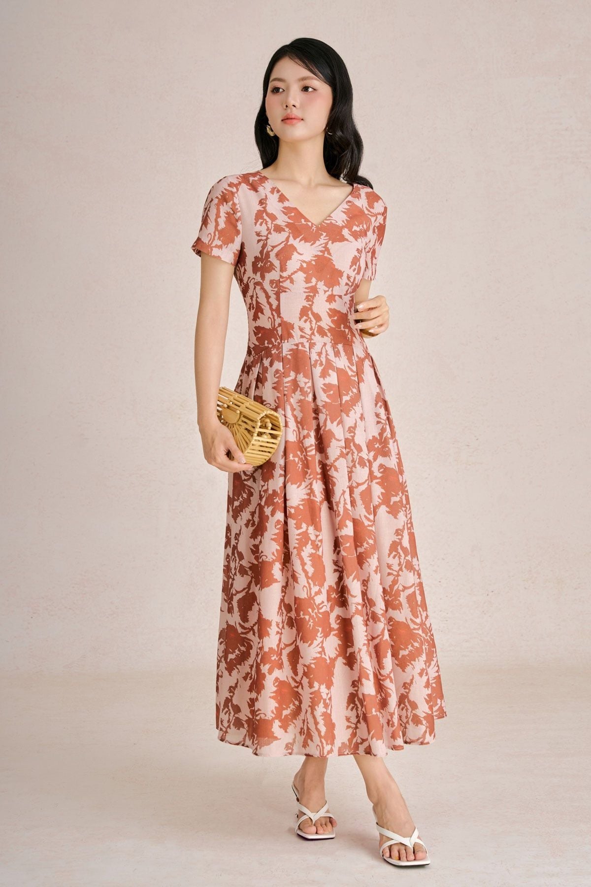 FDC33517 - Đầm công sở vải linen dáng chữ A cổ tròn tay cộc thân váy phối kh bung tạo xoè - PANTIO