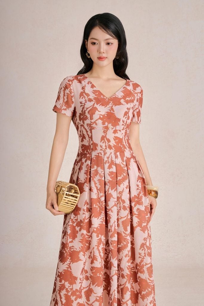 FDC33517 - Đầm công sở vải linen dáng chữ A cổ tròn tay cộc thân váy phối kh bung tạo xoè - PANTIO