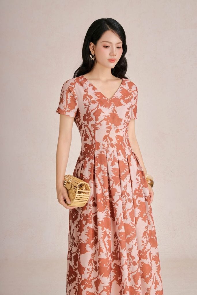 FDC33517 - Đầm công sở vải linen dáng chữ A cổ tròn tay cộc thân váy phối kh bung tạo xoè - PANTIO