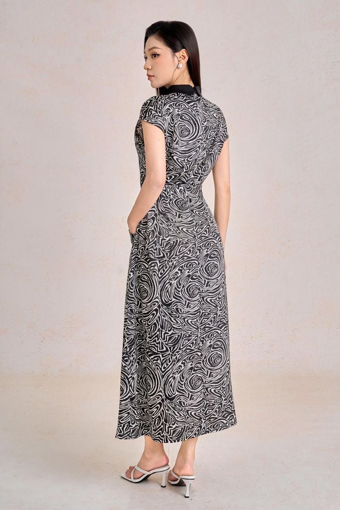 FDC33518 - Đầm công sở vải lụa cát dáng suông cổ bẻ tay chờm eo có đai thắt tạo kiểu cài khuy trước - PANTIO